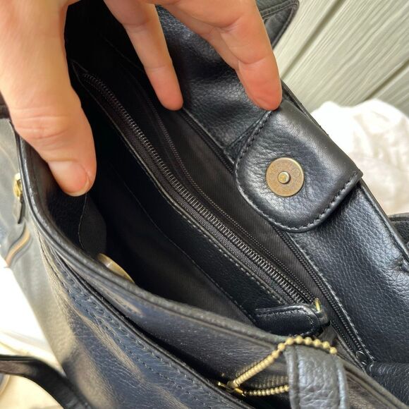 VTG Evan-Picone Black Leather Tote Bag Full Grain Brass Hang Tag Multi Pocket Pu - Picture 12 of 13